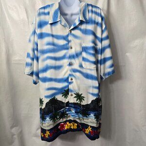 Cherokee Hawaiian Shirt L Rayon Sky Volcano Palm Print POCKET Beach Vintage 90s